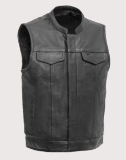 Men Motorcycle Leather Vest with Mandarin Collar