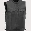 Men’s charcoal leather motorcycle vest with Mandarin collar and lace-up sides