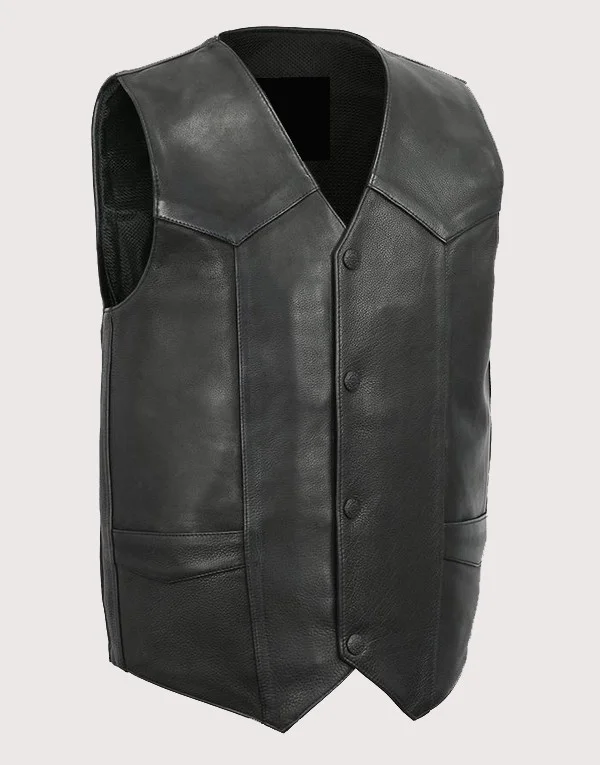 Men’s classic black leather vest with V-neck and snap front