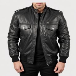 Agent Shadow Black Leather Bomber Jacket Men