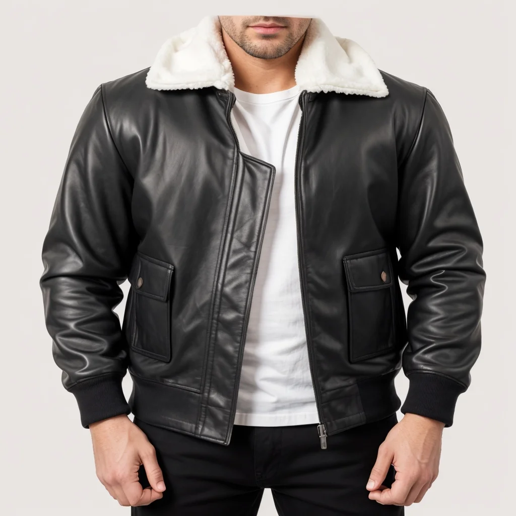 Airin G-1 White Fur Leather Bomber Jacket Mens