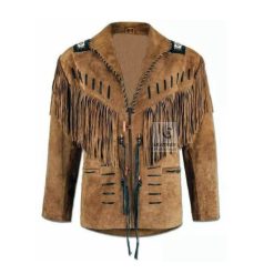 Men’s hunter style suede fringe jacket with rugged Western detailing