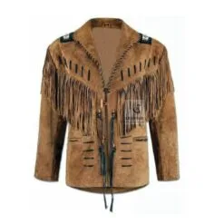 Men’s tan brown suede fringe jacket with beaded shoulders and Western lace-up front