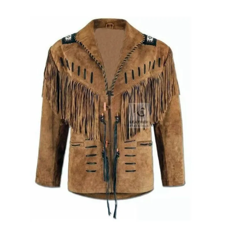 Men’s tan brown suede fringe jacket with beaded shoulders and Western lace-up front