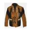 Men's two-tone brown and black cowhide suede fringe jacket with lace-up front and embroidered shoulder accents