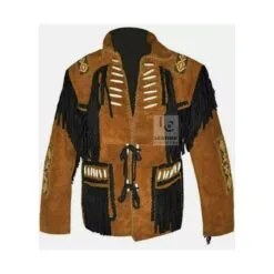 Men's two-tone brown and black cowhide suede fringe jacket with lace-up front and embroidered shoulder accents