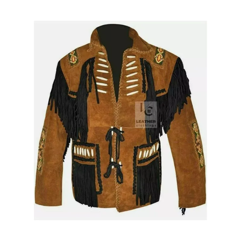 Men's two-tone brown and black cowhide suede fringe jacket with lace-up front and embroidered shoulder accents