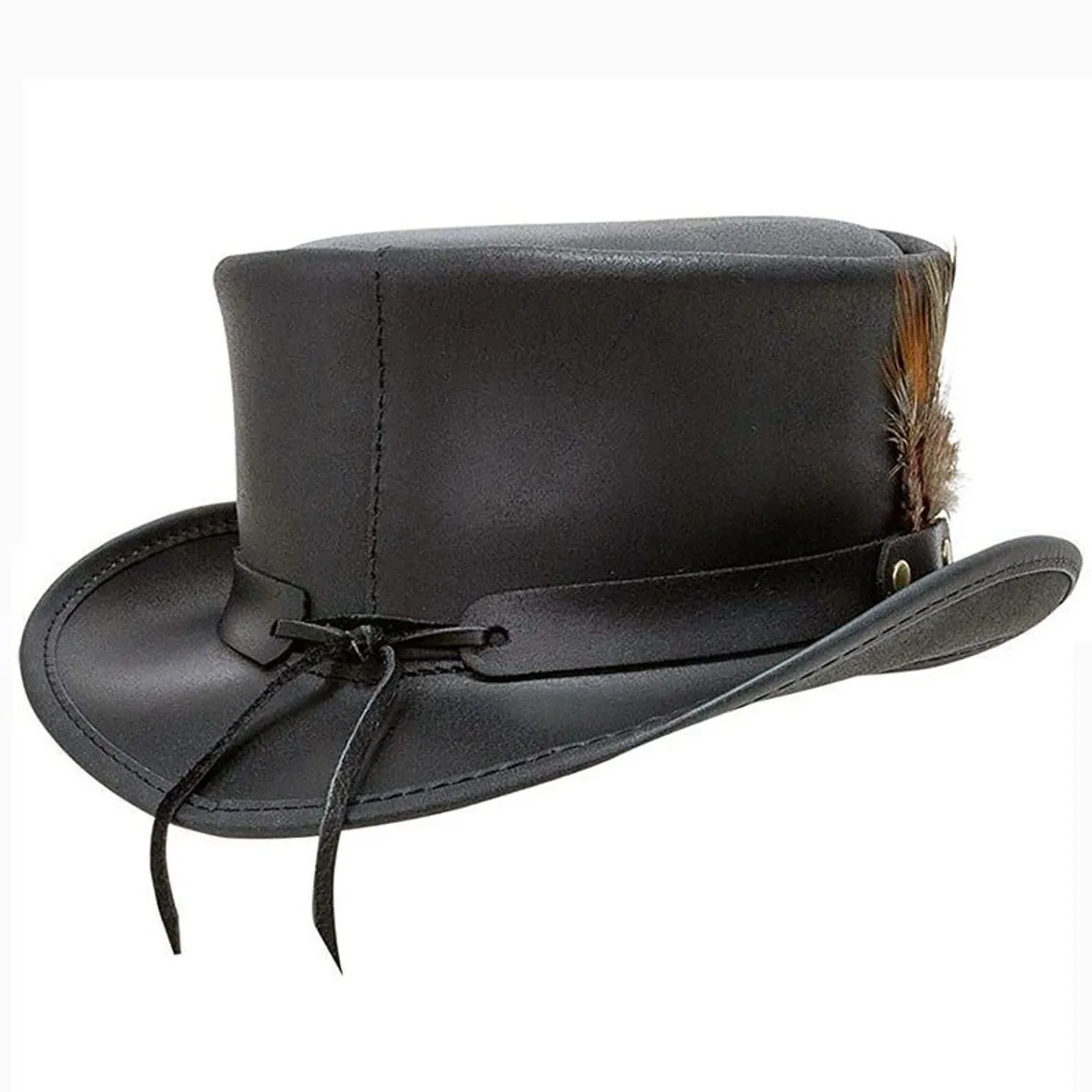 Black leather top hat with feather accent and classic Victorian Western design