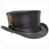 Black leather top hat with feather accent and classic Victorian Western design