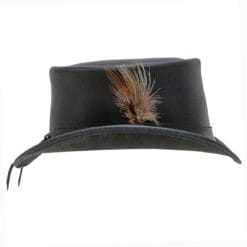 Alternative view of Black Leather Top Hat with Feather Accent – Victorian Western Style