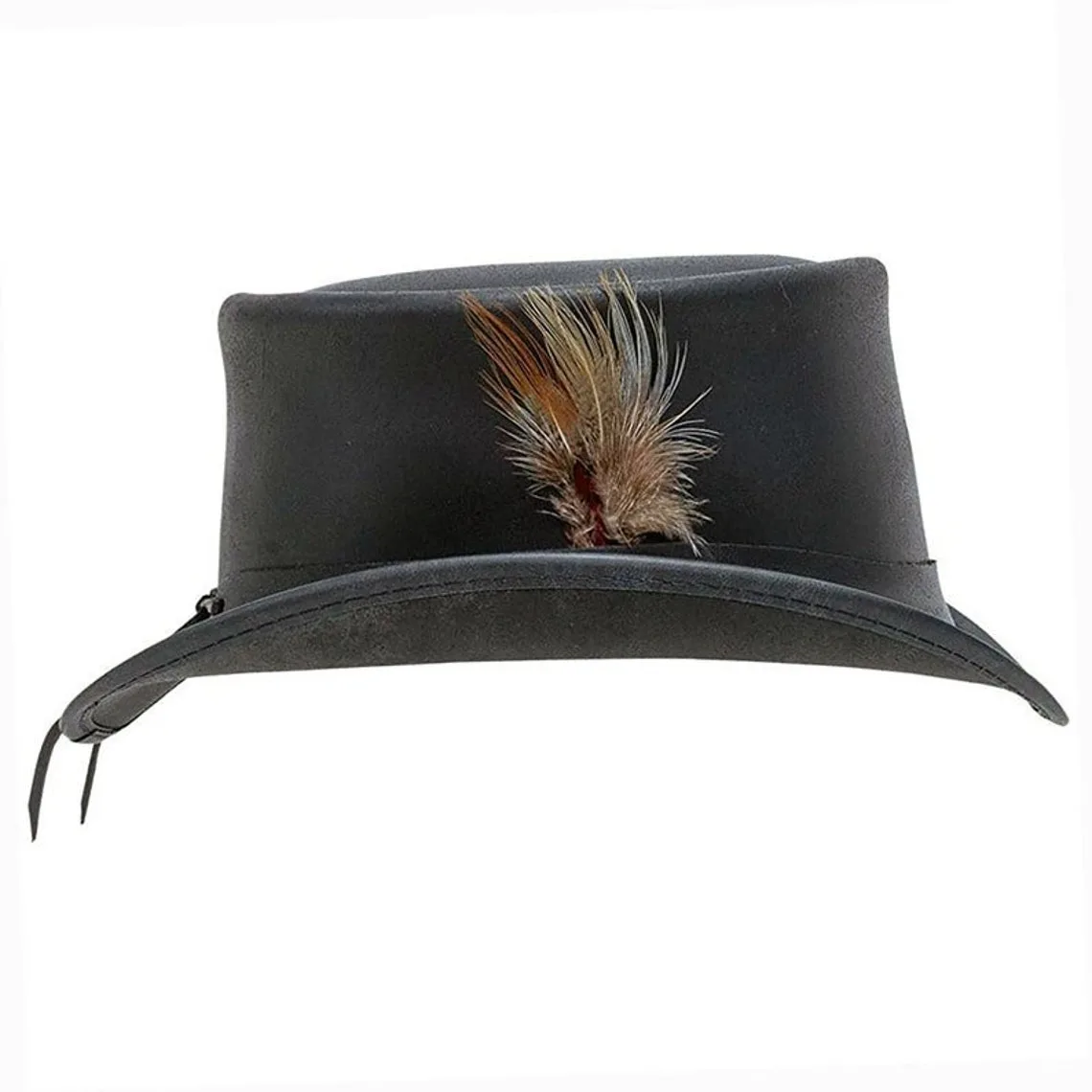 Black Leather Top Hat with Feather Accent – Victorian Western Style - Image 2