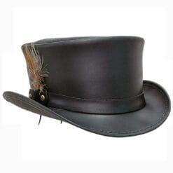 Black leather top hat with feather accent and classic Victorian Western design