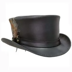 Black leather top hat with feather accent and classic Victorian Western design