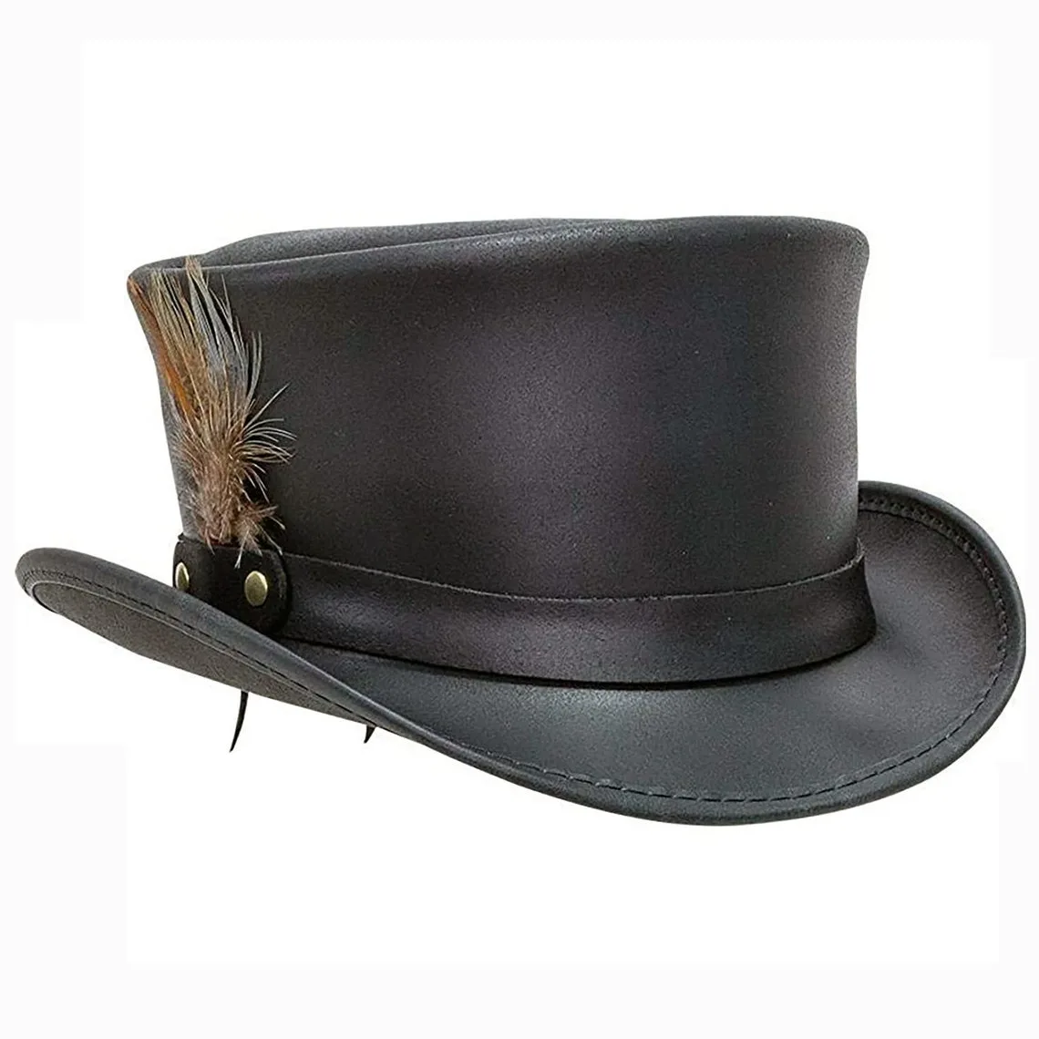 Black leather top hat with feather accent and classic Victorian Western design