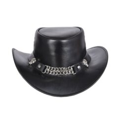 Black Leather Cowboy Hat With Chain Band and Skulls