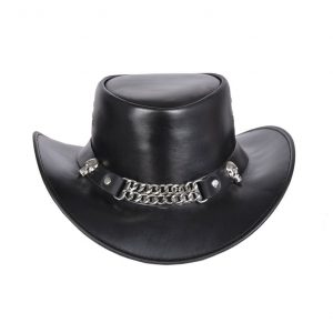 Black Leather Cowboy Hat With Chain Band and Skulls