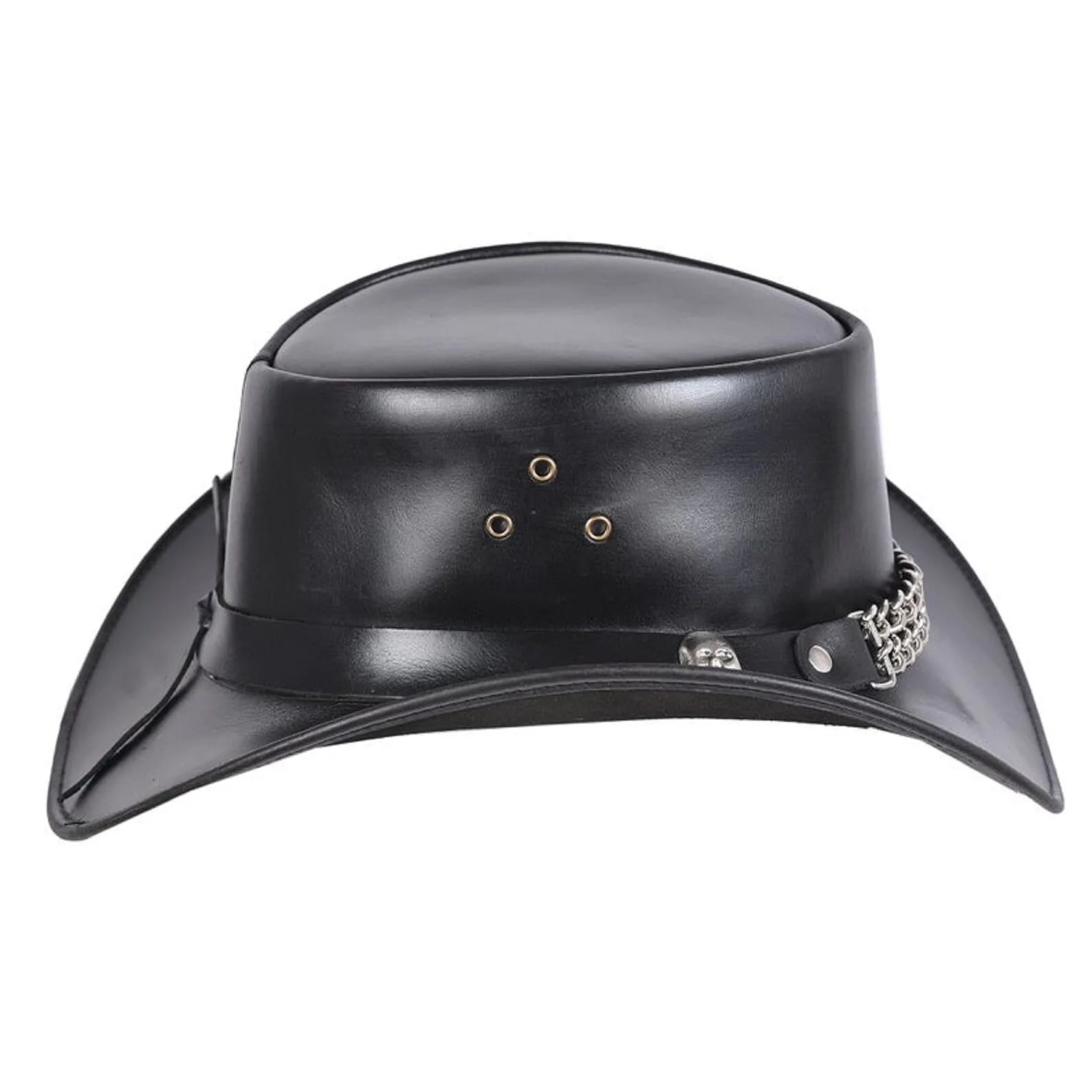 Black Leather Cowboy Hat With Chain Band And Skulls | CBH4 - Image 2