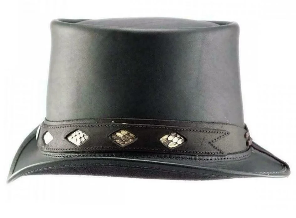 El Dorado Black Leather Top Hat Diamond Inlay Band, TH113A