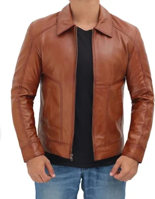 Classic Brown Sheep Leather Coat Jacket With Zipper Closure & Point Collar
