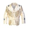 Men’s white cowboy leather jacket with beadwork and flowing fringes