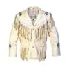 Men’s ivory leather fringe jacket with beaded medallions