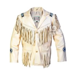 Men’s white cowboy leather jacket with beadwork and flowing fringes