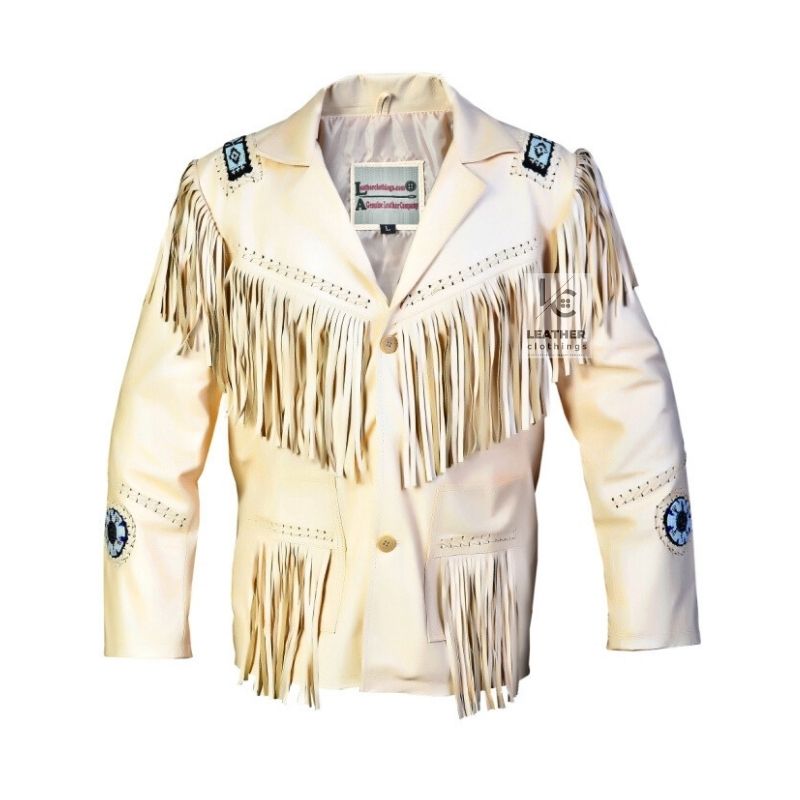 Men’s white cowboy leather jacket with beadwork and flowing fringes