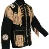 Men's black goat suede fringe jacket with tan fringe, whipstitch trim, and embroidered rosette accents