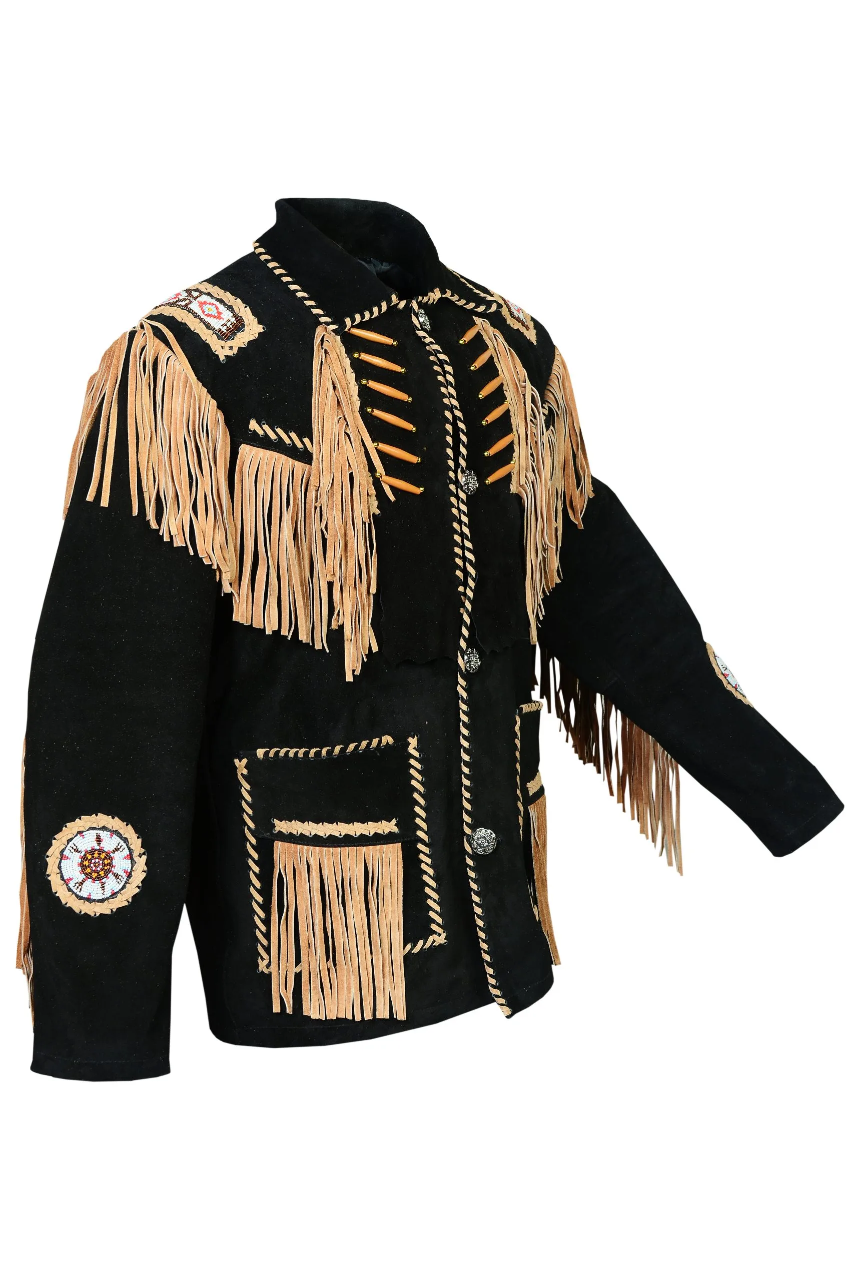 Native American style jacket with fringes in black suede and tan Western fringe