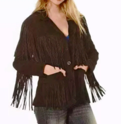 Women Western Cowgirl Dark Brown Suede Jacket With Fringes | WSJ6