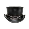 Black leather top hat with harness ring band and frontier steampunk design