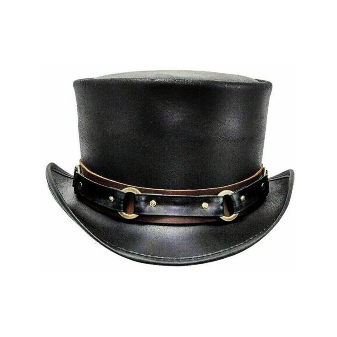 Black leather top hat with harness ring band and frontier steampunk design