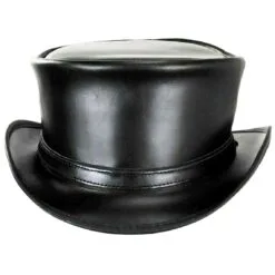Classic black leather top hat with simple band and traditional tall crown design