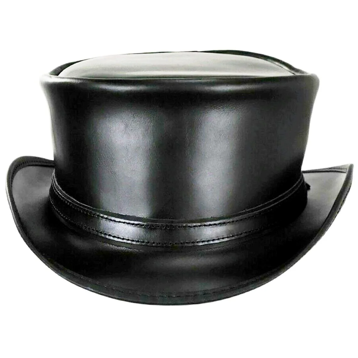 Classic black leather top hat with simple band and traditional tall crown design