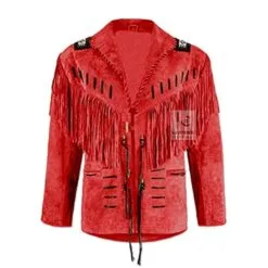 Men's hunter style red suede beaded fringe jacket with lace-front closure and long fringe