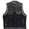 Men’s black quilted leather vest with white stitching and paisley lining