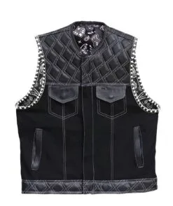 Men’s black quilted leather vest with white stitching and paisley lining