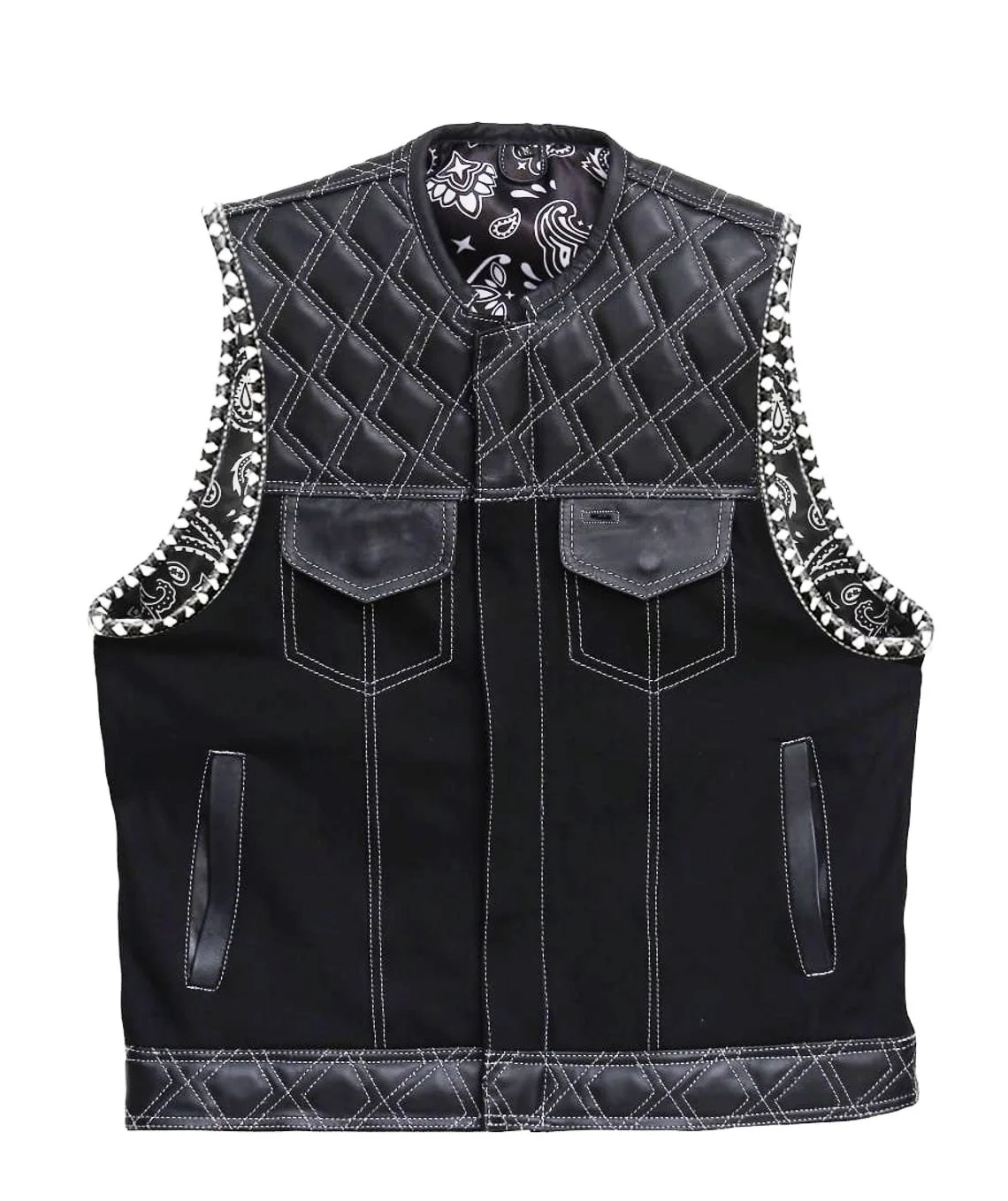 Men’s black quilted leather vest with white stitching and paisley lining