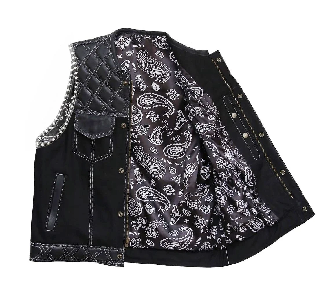 Men’s Black Quilted Leather Vest with White Stitching & Paisley Lining - Image 2