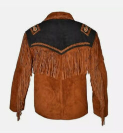 Men Western Brown Suede Jacket With Fringes And Bones, MSWJ102B 2
