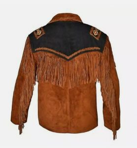 Men Western Brown Suede Jacket With Fringes And Bones, MSWJ102B 2