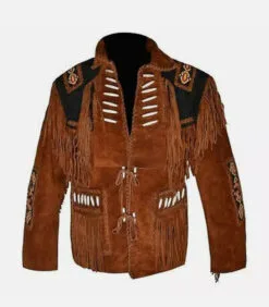 Men's two-tone brown and black goat suede fringe jacket with lace-up chest panels and embroidered shoulder accents