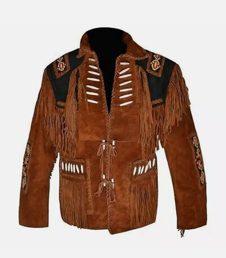 Men's two-tone brown and black goat suede fringe jacket with lace-up chest panels and embroidered shoulder accents