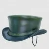 Forest green leather top hat with classic leather band and curved brim