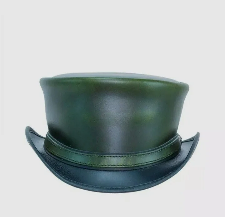 El Dorado Green Leather Top Hat With simple Band Voodoo Hatter, TH123