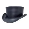 Black leather top hat with classic unbanded design and curved brim
