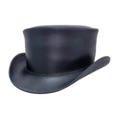 Black leather top hat with classic unbanded design and curved brim
