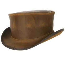 Burnt honey leather top hat with vintage distressed finish and classic unbanded design