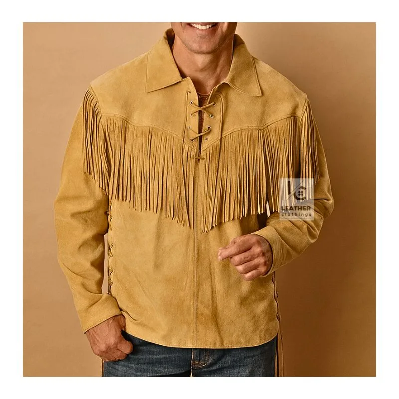 Men's golden buckskin fringe shirt in genuine suede leather with lace-up front
