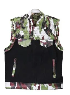 Men's Woodland Camo Diamond Quilted Leather Motorcycle Vest front, interior and back views